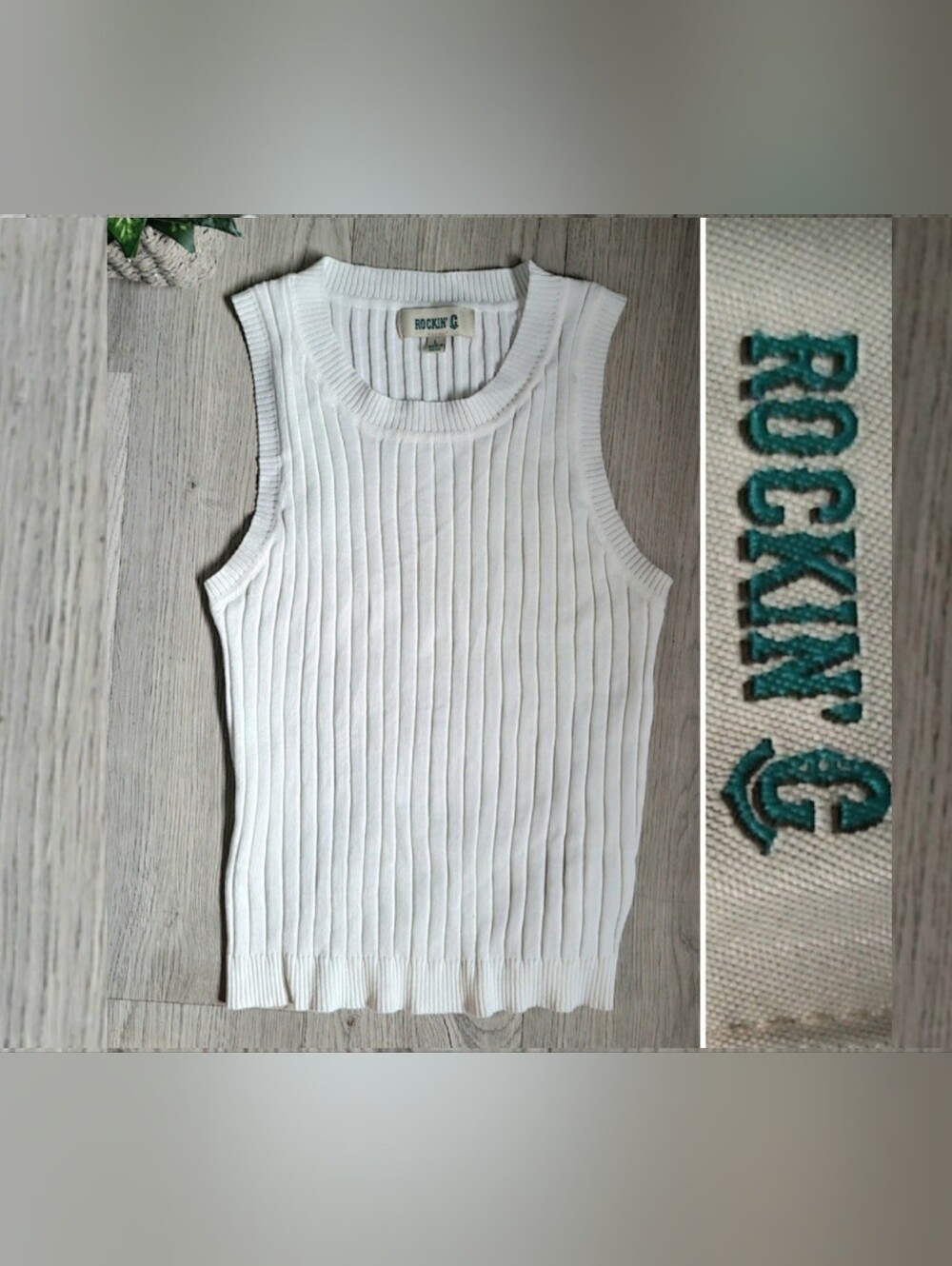 Rockin' C Ribbed Sleeveless White Blouse with Round Neckline, Women's Large